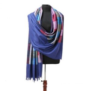 Aegean Blue Ikat Weave Plaid Pashmina Shawl