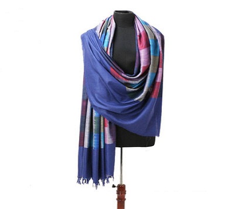 Aegean Blue Ikat Weave Plaid Pashmina Shawl