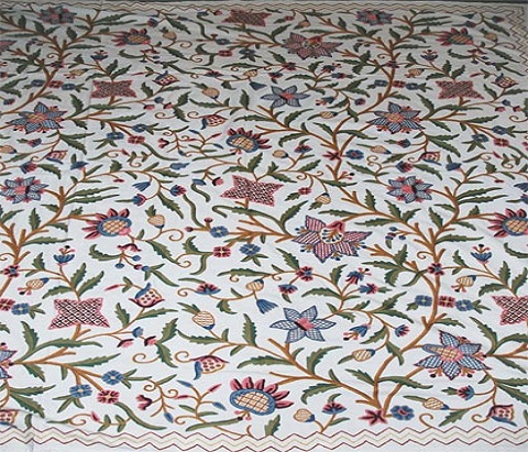 Cotton Crewel Embroidered Fabric "Watlab", Multicolor