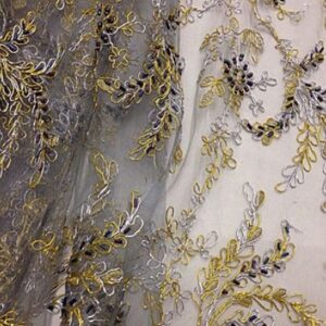 GREY MESH W/SILVER GOLD EMBROIDERY MULTI HAND BEADED LACE FABRIC 52" WIDE 1 YD