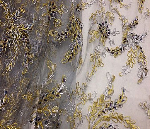GREY MESH W/SILVER GOLD EMBROIDERY MULTI HAND BEADED LACE FABRIC 52" WIDE 1 YD