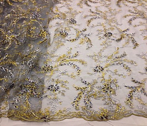 GREY MESH W/SILVER GOLD EMBROIDERY MULTI HAND BEADED LACE FABRIC 52" WIDE 1 YD - Image 2