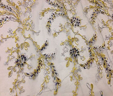 GREY MESH W/SILVER GOLD EMBROIDERY MULTI HAND BEADED LACE FABRIC 52" WIDE 1 YD - Image 4